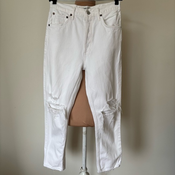 Agolde Riley Slant White Denim High Rise Straight Cropped Ripped Jeans EUC Sz 26 - Picture 3 of 10